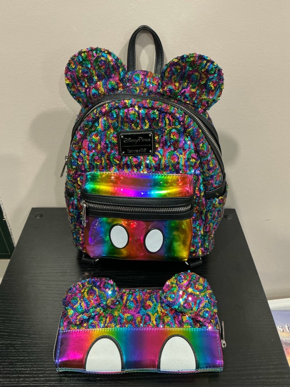 Disney Loungefly Rainbow Sequin Mini Backpack and Wallet Set - Multicolor